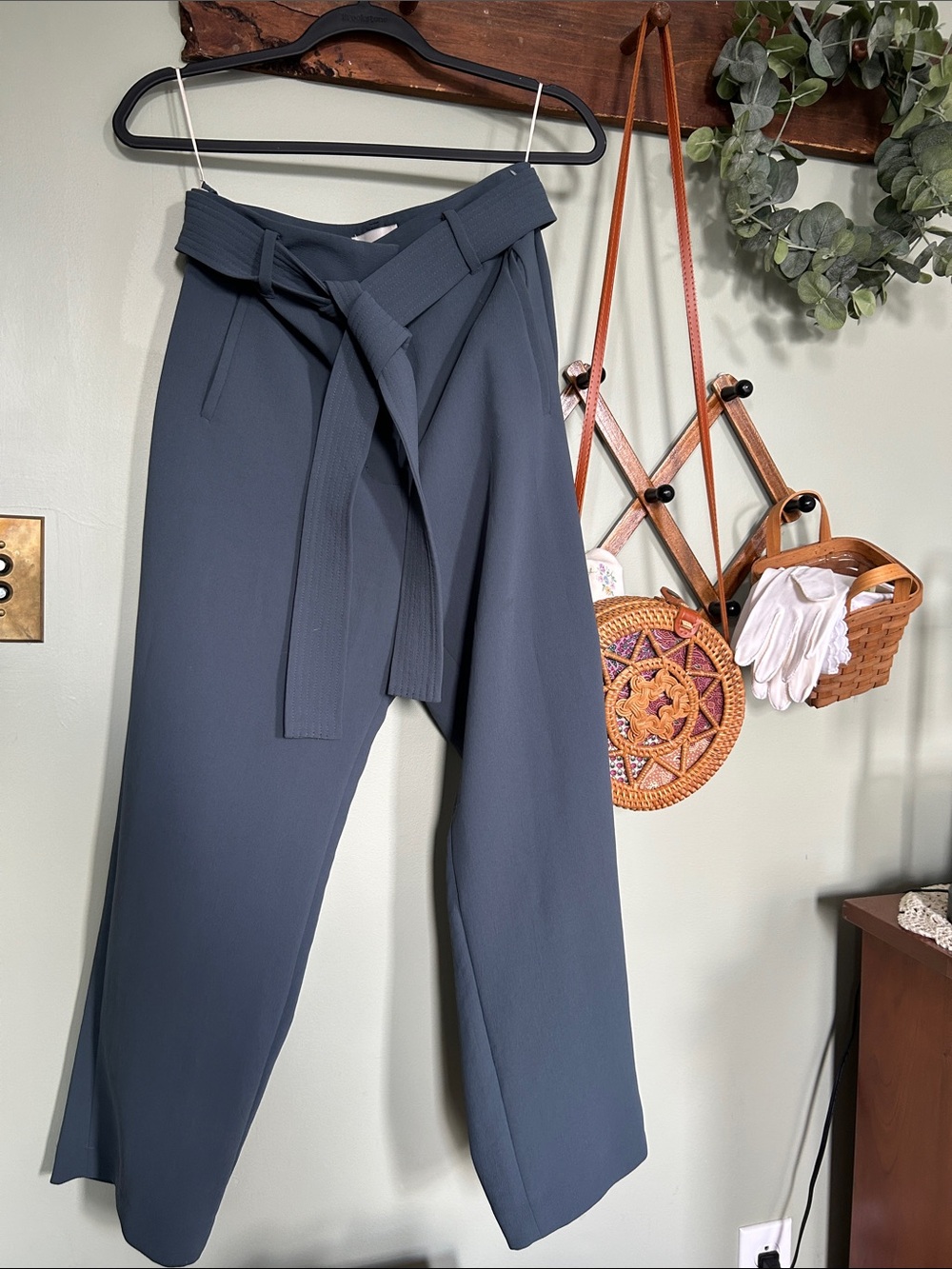 Wilfred Wide-Leg High-Waist Pants with Self-Tie Belt — Slate Navy